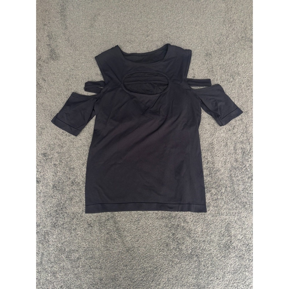 Fabletics  Women's XXS Black Top‎ Shoulder Cut-Out Front Keyhole Round Neck